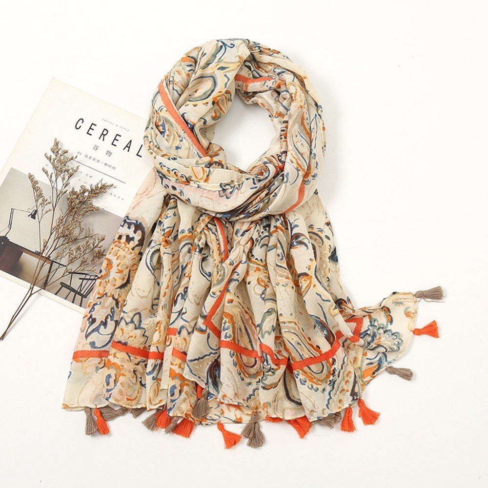 Women small fresh retro stitching bohemian cashew print cotton and linen scarf